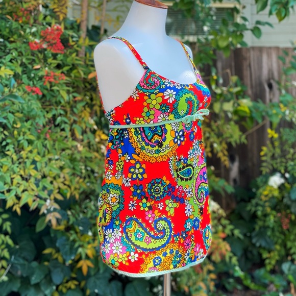 1970s Lemon Frog Bark Cloth Tankini Swim Set - Picture 3 of 11